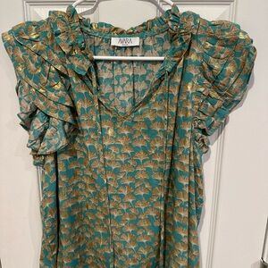 AVRA Teal and Gold Ruffle Sleeve Blouse